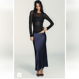 Zara Midnight Navy Blue Midi Satin Skirt XS *NWT*